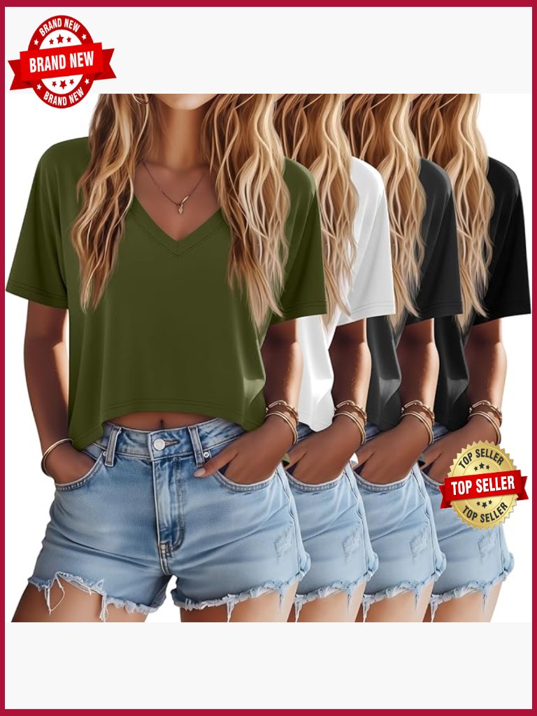 Women's Oversized Crop Tees 4 Pack V Neck Short Sleeve Boxy Top
